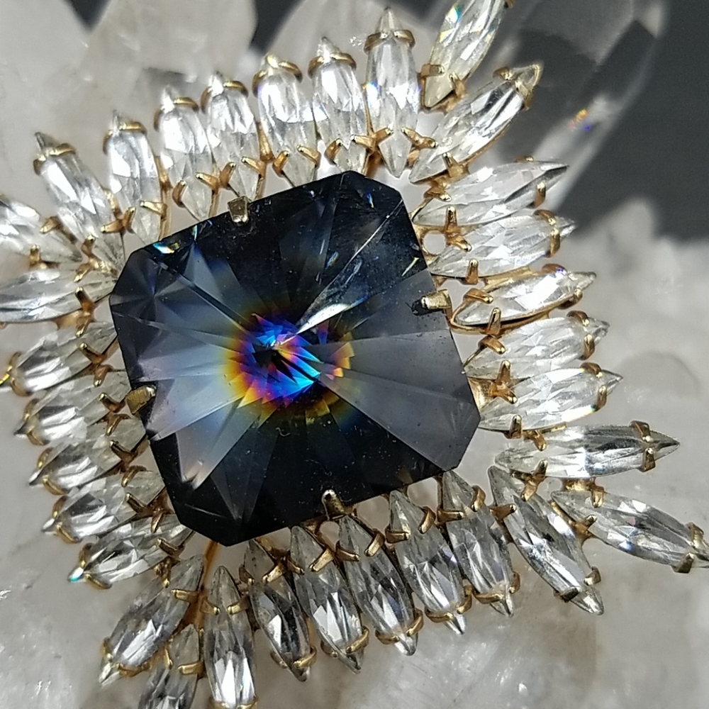 Vintage Austria Smoky Blue Square Rivoli Rhinestone Brooch Earring Set - Picture 8 of 8